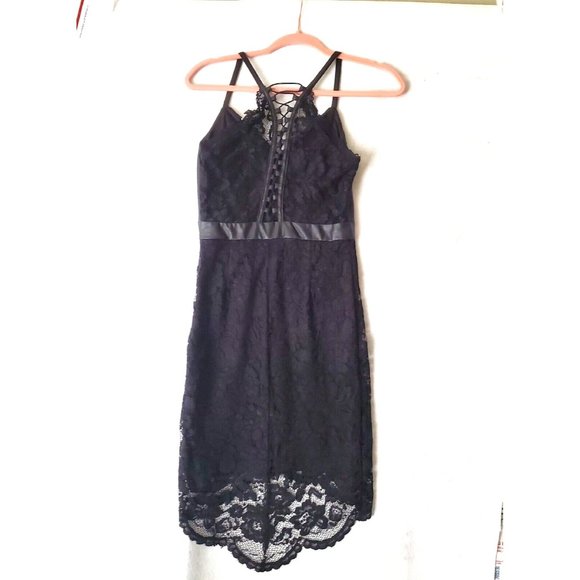 NIKIBIKI Midnight Black Lace Faux Leather Dress Small - Picture 7 of 13